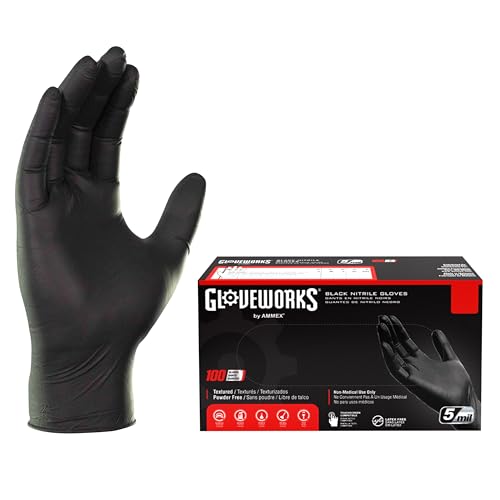 GLOVEWORKS Black Nitrile Gloves 5 Mil Disposable for Food Service, Cooking, Professional Cleaning, Size XL, Box of 100