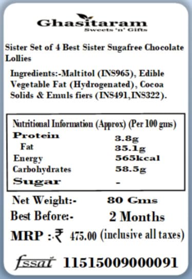 Ghasitaram Gifts Rakhi Gifts for Brothers Rakhi Gifts for Sister Set of 4 Best Sister Sugafree Chocolate Lollies