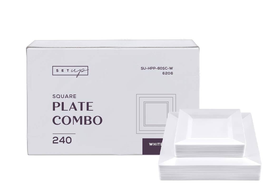 SETUP [Case of 240 Combo White Square Plates, Disposable Plastic Plates - Premium Heavy-Duty 120 Disposable 9.5" Dinner Party Plates and 120