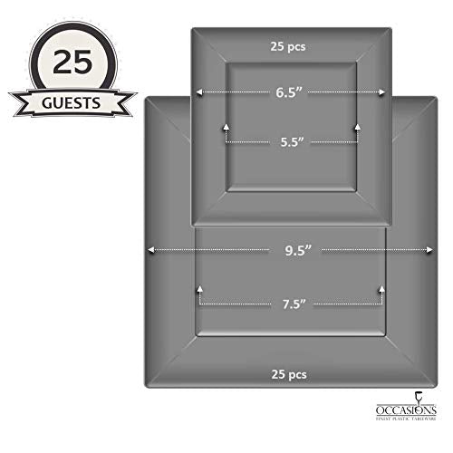 " OCCASIONS " 50 Plates Pack (25 Guests)-Heavyweight Wedding Party Square Disposable Plastic Plate Set -(25 x 9.5'' + 25 x 6.5'' (Square White)