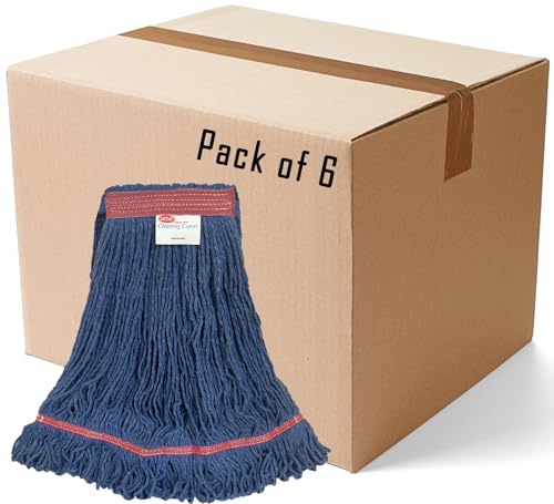 Blue Premium Blended - Large Narrow Band Looped-End Wet Mop - Superior Pick-up and Durability - 6 Pack