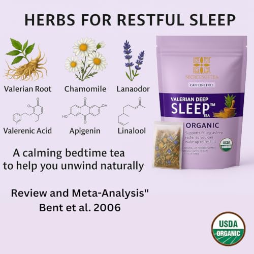 Secrets Of Tea Valerian Sleep Tea - Natural USDA Organic Caffeine-Free Tea- Herbal Tea for Sleep and Relaxation with Lavender, Chamomile and Lemon