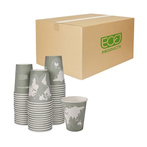 ECO PRODUCTS Compostable Disposable World Art 12oz Large Coffee Cups, Case of 1000, Renewable Hot Paper Cup, Plant Based PLA Lining, Color Coded