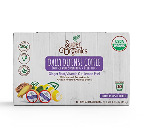 Super Organics Daily Defense Coffee - Organic Dark Roast Coffee K Cups with Superfoods and Probiotics (Keurig K-Cup Compatible), 10ct Single Serve