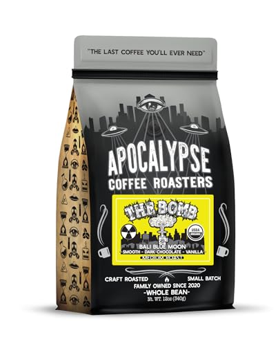 Apocalypse Coffee Roasters - The Bomb - Organic Whole Bean Coffee - Craft Roasted Bali Blue Moon Blend - Medium Roast - Smooth, Dark Chocolate