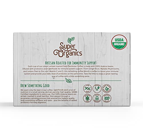 Super Organics Daily Defense Coffee - Organic Dark Roast Coffee K Cups with Superfoods and Probiotics (Keurig K-Cup Compatible), 10ct Single Serve