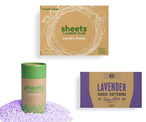 Sheets Laundry Club Bundle - 50 Pack (up to 100 loads) Fresh Linen Detergent Sheets, 40 Pack Vitality Dryer Sheets & 8 Oz. Uncharted Waters Scent