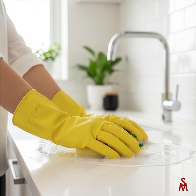 SteadMax 3 Pack Yellow Cleaning Dish Gloves, Professional Natural Rubber Latex Dishwashing Gloves, Reusable Kitchen Dishwasher Gloves Medium Size (3
