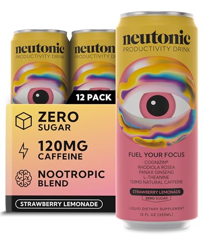 Neutonic Nootropic Productivity Energy Drink | Strawberry Lemonade 12 Cans | 120mg Natural Caffeine, Zero Sugar | Support Memory, Mental Clarity