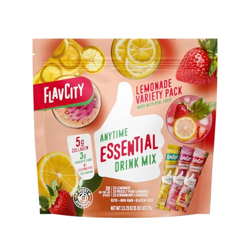 FlavCity Anytime Essential Lemonade Variety Pack - Powder Drink Mix Packets with Collagen - Lemonade Packets in 3 Flavors - Water Flavoring