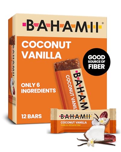 Bahamii Coconut Vanilla Date and Energy Bars, Healthy Snacks and Breakfast Bars for Kids and Adults, No Sugar Added, Gluten Free, High Fiber, Vegan