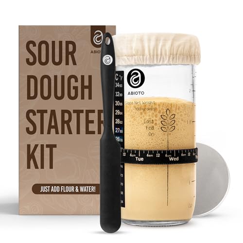ABIOTO Sourdough Starter Kit, Includes 24 oz Sourdough Starter Jar with Metallic Lid, Silicone Spatula, Feeding Tracker, Extra Thermometer Strips