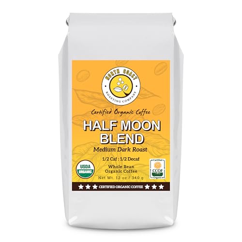 North Coast Roasting Company, Half Caff, Medium Dark Roast, Low Acid Organic Coffee, Whole Bean - 1/2 Cafeine & 1/2 Decaf. Swiss Water Process, Half