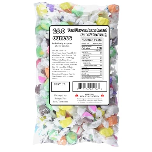 Ten Flavors Assortment, Salt Water Taffy 1 Pound Bag. Classic Boardwalk Style Taffy. (Net Wt. 16oz)