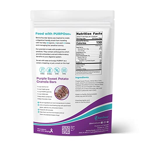 Beviva's PURPO Granola: Vegan, gluten-free, prebiotic inulin, purple sweet potato, fruit, high fibre and low sugar, healthy snacks, ice cream/yogurt