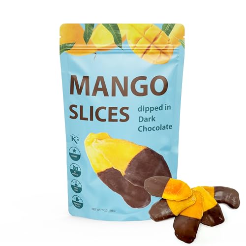 Premium All Natural Real Rich Dark Chocolate Dipped Tropical Mango Dried Fruit Slices 7oz Non GMO, No Added Colors Healthy Snacks Resealable Bag
