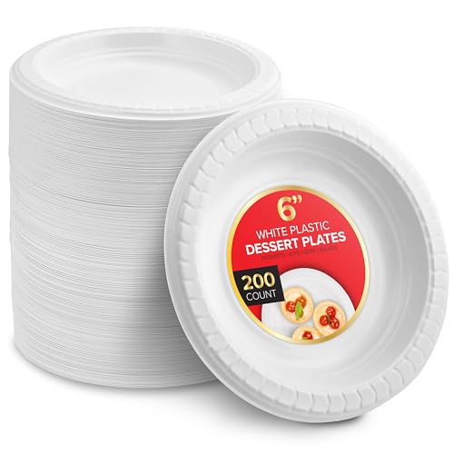 Stock Your Home 200 Count Premium White Plastic Plates, 6 Inch White Disposable Wedding Cake Plates, Heavy Duty Plastic Dessert Plates, Cocktail