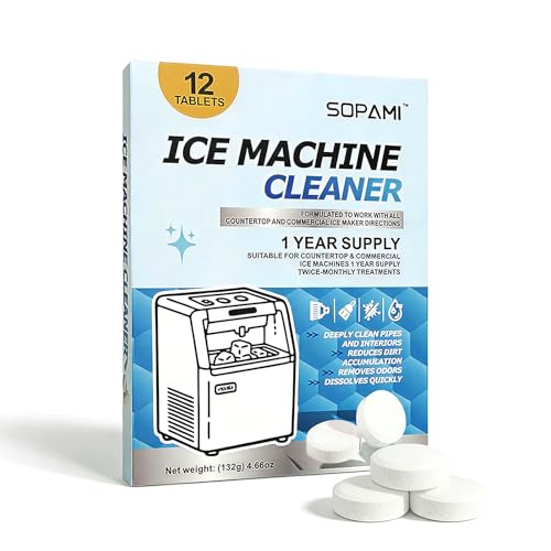 SOPAMI Ice Machine Cleaner and Descaler Tablets - 12 Pack Ice Maker Cleaner Tablets, Nickel Safe Scale Remover for Countertop Portable Commercial Ice