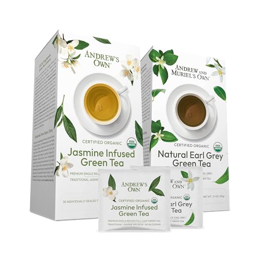 ANDREW LESSMAN Tea - Variety Pack - Jasmine Infused Green Tea + Earl Grey Green Tea 30 Sachets Each - Certified Organic. Refreshing, Ultra-Mild