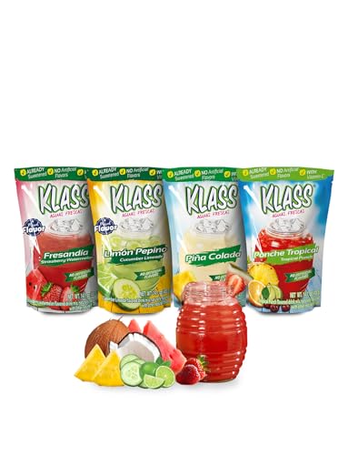 Klass Aguas Frescas Drink Mix Variety Pack - Pina Colada, Cucumber Limeade, Tropical Punch & Strawberry Watermelon - Powder Drink Mix, Water Drink Mix