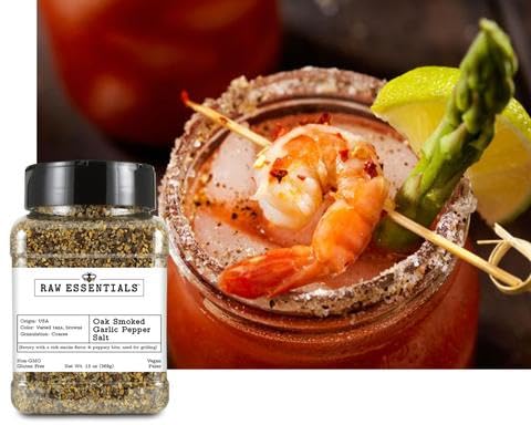 Raw Essentials Texas Pit Oak Smoked Garlic Pepper Salt - Steak and Chop Seasoning - Great on Beef, Chicken, Pork and Vegetables - Vegan, Paleo