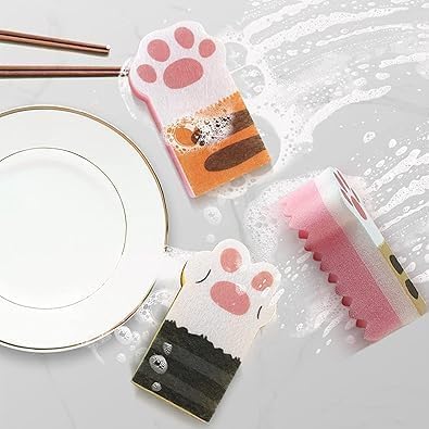 3Pcs Pink Random Style Cat Claw Design Kitchen Cleaning Sponges,Cute Household Cleaning Tool,Claw Design Non-Scratch Dishwashing Scrub Sponge Kitchen