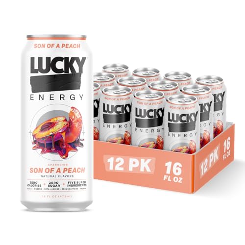 Lucky Energy Sugar Free Energy Drinks, Son of a Peach, 16oz Cans (12-Pack) Healthy, Zero Sugar Energy Drink with Maca, Ginseng, Beta-Alanine, Taurine