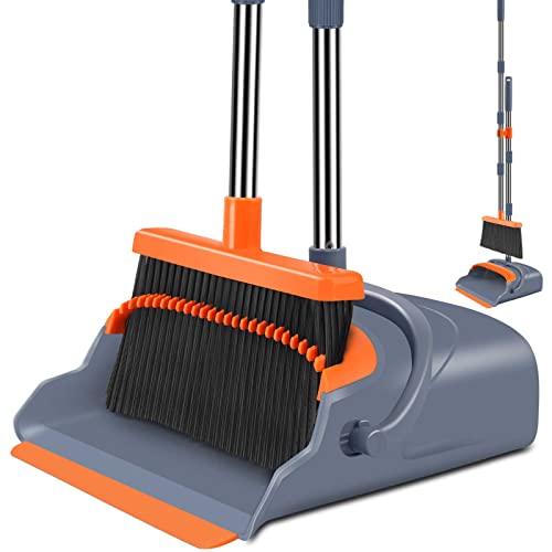 kelamayi Upgrade Broom and Dustpan Set, Self-Cleaning with Dustpan Teeth, Indoor&Outdoor Sweeping, Ideal for Dog Cat Pets Home Use, Stand Up Broom