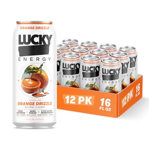 Lucky Energy Sugar Free Energy Drinks, Orange Drizzle, 16oz Cans (12-Pack) Healthy, Zero Sugar Energy Drink with Maca, Ginseng, Beta-Alanine, Taurine