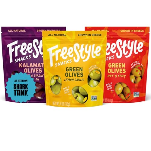 Freestyle Snacks Olive Snack Packs - As Seen on Shark Tank - Fresh Pitted Kalamata & Green Olives, Grown in Greece, Salty Snack, All Natural, Non-GMO