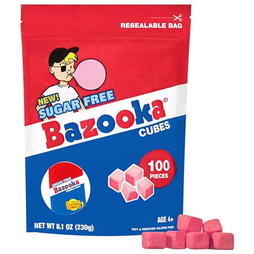 Bazooka Bubble Gum Sugar-Free Chewing Gum Cubes, Bulk in Resealable Bag, 100 Ct in Original Pink Flavor w/Bazooka Joe Comics, Baseball Party Favors
