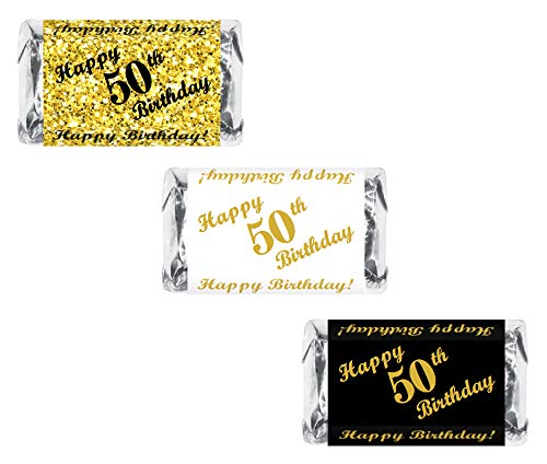 50th Birthday Miniatures Candy Bar Wrapper, (Set of 60) Mini Candy Bar Stickers; 3 Designs: 24 Gold, 24 Black, 12 White, Candy Not Included. Made in