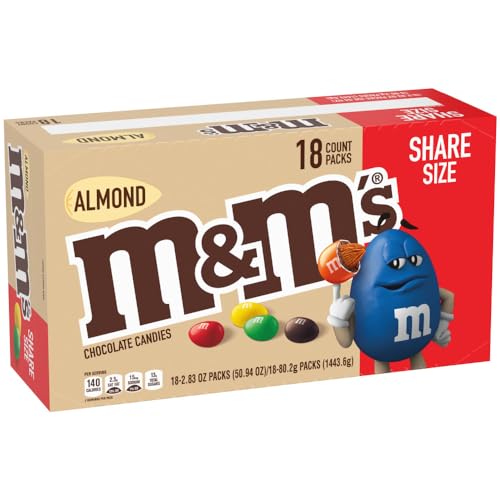 M&M'S Almond Chocolate Candy, Share Size 2.83 oz Bags, Pack of 18, Bulk Chocolate Candy Individually Wrapped