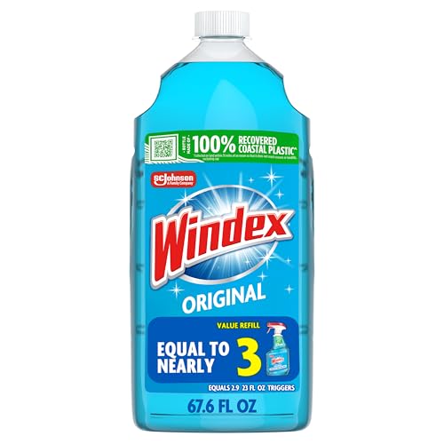 Windex Refill Glass and Window Cleaner Bottle, Bottle Made from 100% Recycled Plastic, Surface Cleaning Spray, Original Blue Scent, 2L (67.6 Fl Oz)