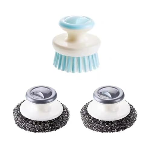 2Pcs Stainless Steel Wool Scrubber with Handle and 1 Pcs Dish Brush,Heavy Duty Pot Scrubbers Dish Scrubber Cleaning Brush Wash for Kitchen Pots