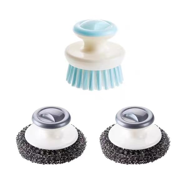 2Pcs Stainless Steel Wool Scrubber with Handle and 1 Pcs Dish Brush,Heavy Duty Pot Scrubbers Dish Scrubber Cleaning Brush Wash for Kitchen Pots