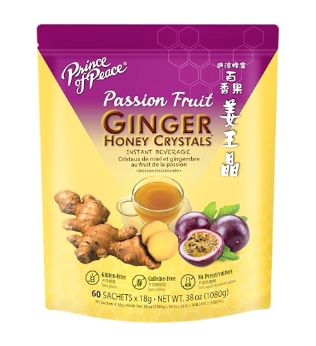 Prince of Peace Instant Ginger Honey Crystal with Passion Fruit 18g x 60 (bag) - Instant Hot or Cold Beverage that Soothes Throat - Easy to Brew