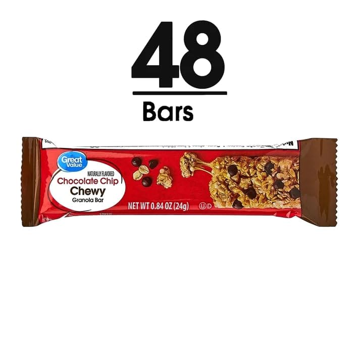Great Value Chocolate Chip Chewy Granola Bars, Family Size, Made with Real Chocolate Chips, 0.84 oz Bars, 48 Count, Pack of 2, 96 Bars Total