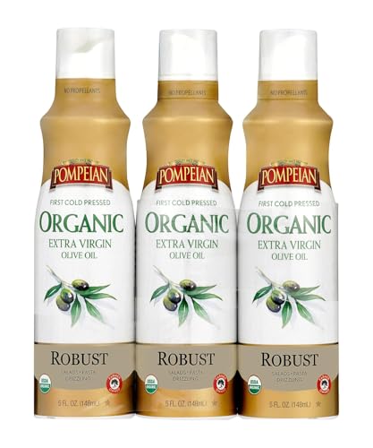 Pompeian Robust Organic Extra Virgin Olive Oil Spray - (3 Pack) 5 Fl Oz - No Propellants - First Cold Pressed Olive Oil for Cooking - Robust Flavor for Salads, Pasta, and Drizzling