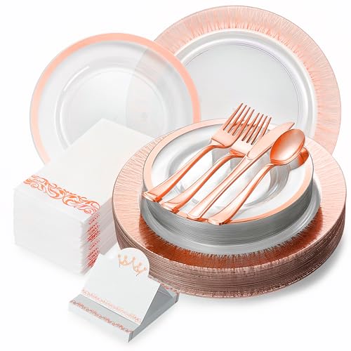 LAXORE 200 Pcs Plastic Dinner Plates - Decorative Disposable Plates - Disposable Plates - Party Plates Set: 25 7’’ & 25 10’’ Plates, 50 Forks, 25