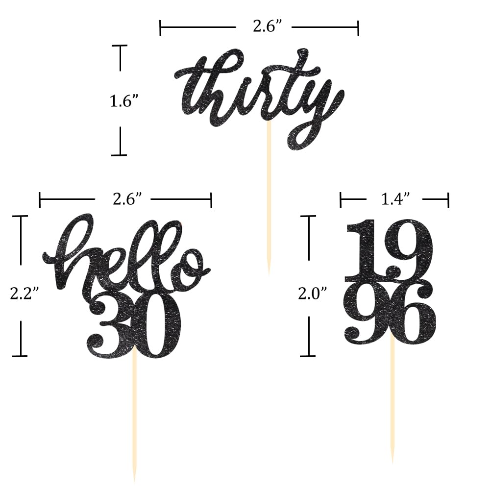 24 Pcs Black Glitter 30th Birthday Cupcake Toppers for 30th Anniversary Birthday Party Wedding Party Decorations
