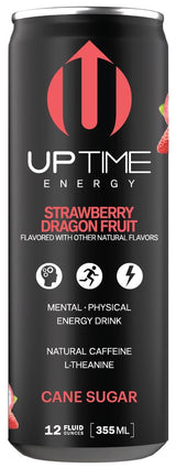UPTIME Energy Drink, Strawberry Dragon Fruit Cane Sugar, 12 Pack, Vitamin C, L Theanine, Calcium, Energy Drinks for Focus Support, 142mg of Natural