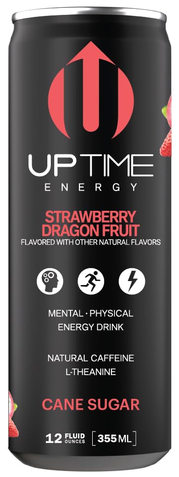 UPTIME Energy Drink, Strawberry Dragon Fruit Cane Sugar, 12 Pack, Vitamin C, L Theanine, Calcium, Energy Drinks for Focus Support, 142mg of Natural