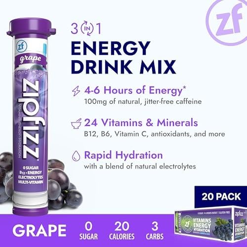 Zipfizz Daily Energy Drink Powder, Grape, 20 Pack | 3-in-1 Sustained Energy, Rapid Hydration, and Essential Vitamins | Sugar-Free | Electrolyte Powder