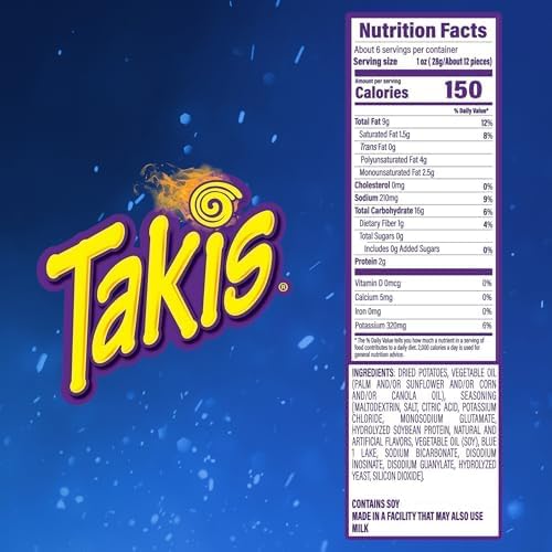 Takis Blue Heat Crisps 5.5 oz Sharing Size Can, Hot Chili Pepper Flavored Extreme Spicy Potato Crisps