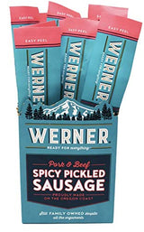 Werner Spicy Pickled Sausage Pack of 12 - Pork & Beef Sausages 1.7 Ounce Individually Wrapped Meat Snacks