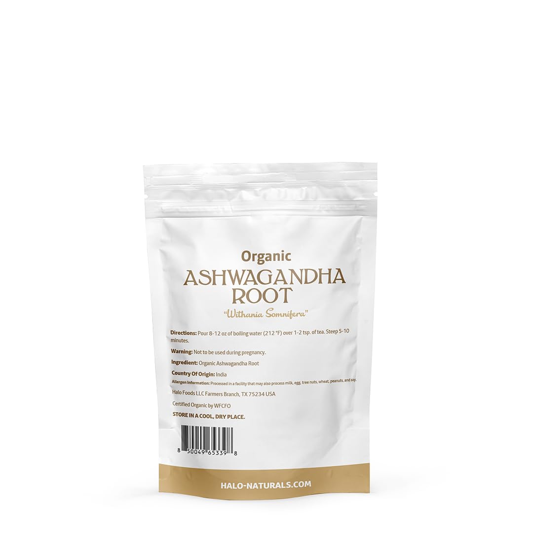 Halo Naturals Organic Ashwagandha Root Cut & Sifted, 4 Ounces (Withania somnifera) USDA Certified | Resealable Pouch| Packaged in The USA