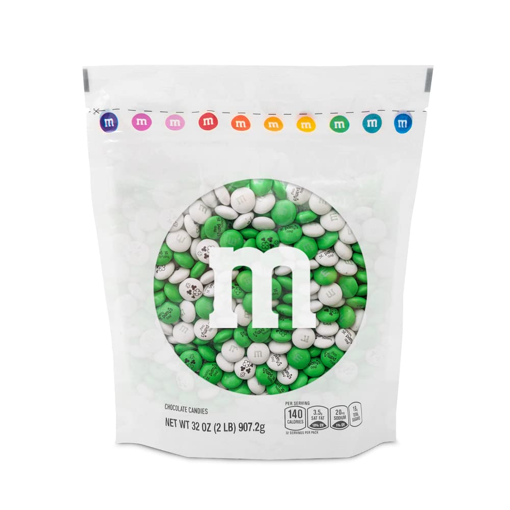 M&M’S WORLD Pre-Designed St Patricks Day Milk Chocolate Candy-2lbs of Bulk Candy in Resealable Pack for the Perfect Green and White Party,St Patrick's
