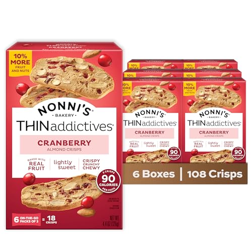 Nonni's THINaddictives Cranberry Almond Nut Cookies with Real Fruit, Sweet Crunchy & Chewy Crisps, 6 Boxes of 6 On-the-Go Packs (108 Cookies Total)