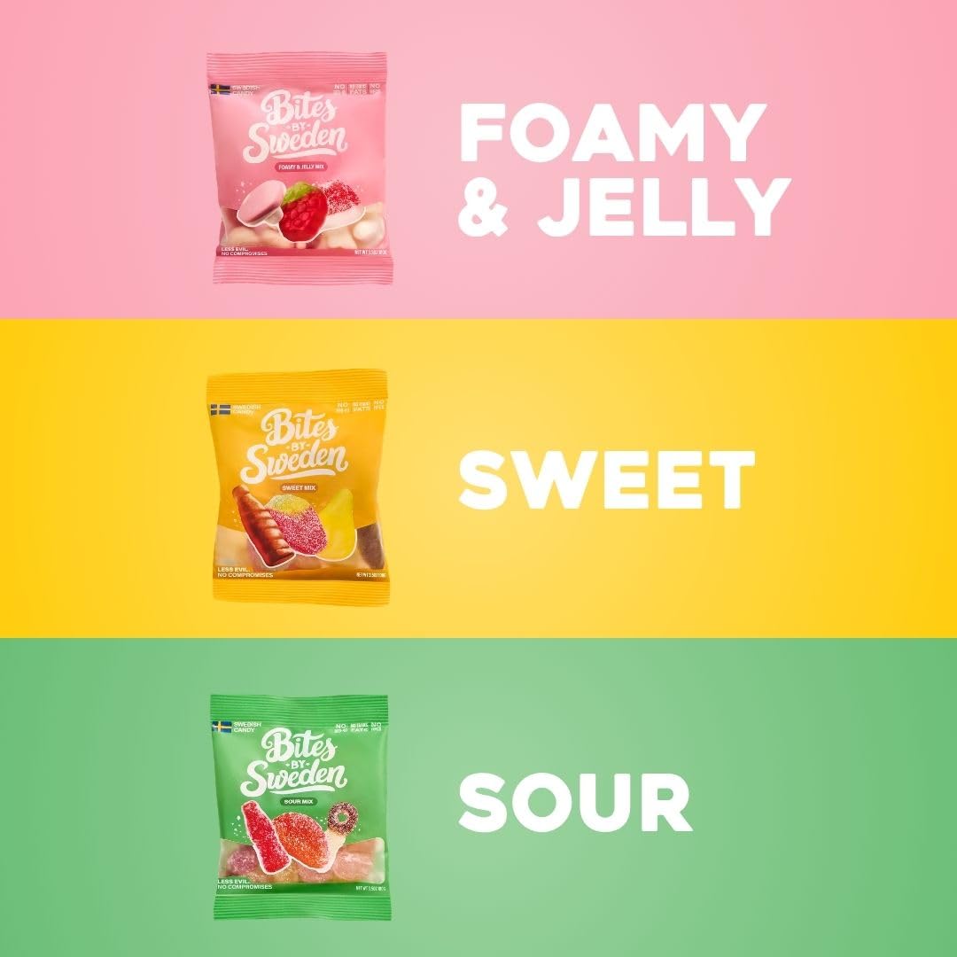 BITES BY SWEDEN Party Mix 16oz - Swedish Candy mix of Sweet, Sour and Foamy Gummy Candies Premium, Authentic and imported